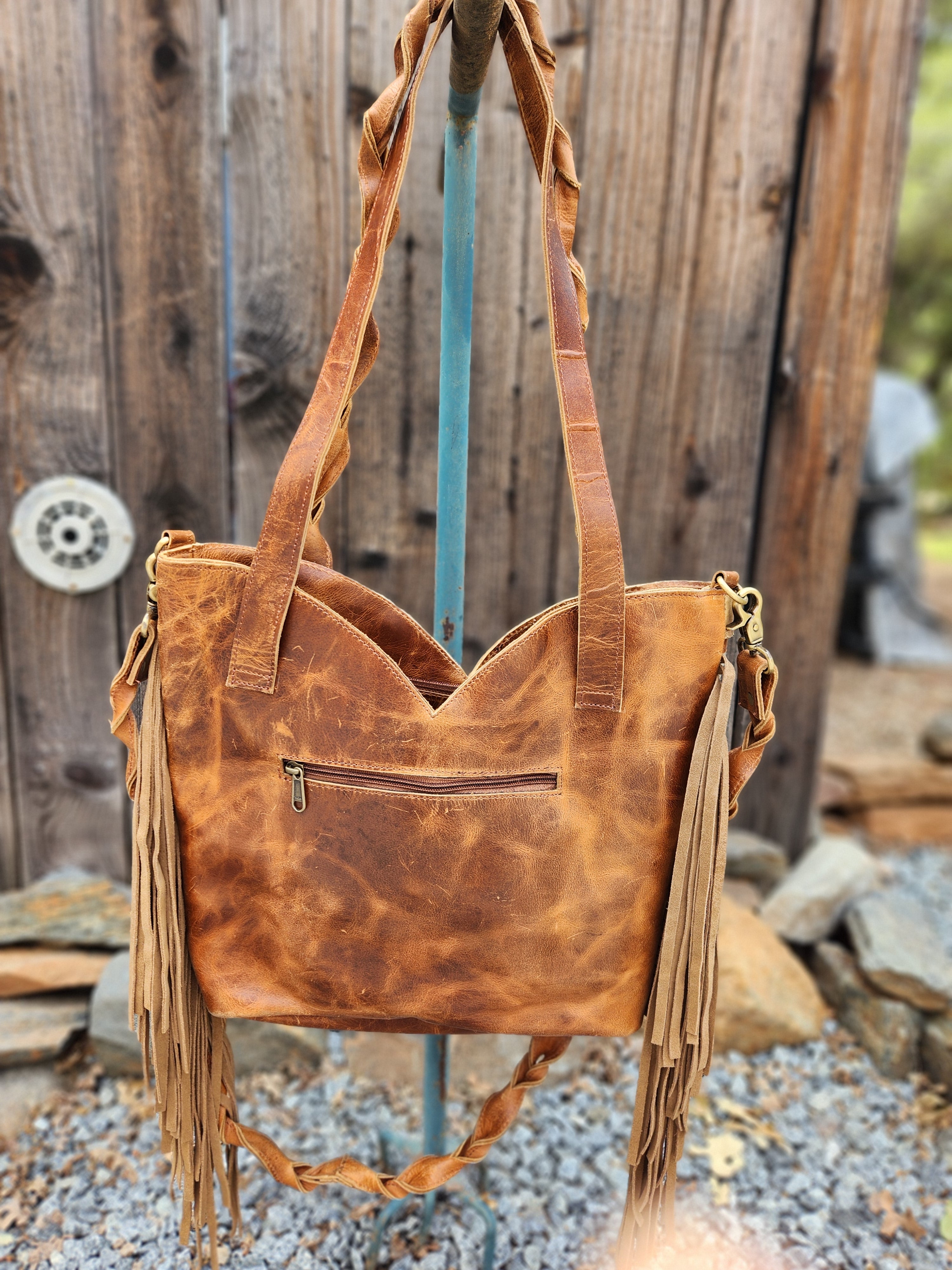 Western Tooled Genuine Leather Fringe Tote Bag Turquoise Color Shoulder Bag