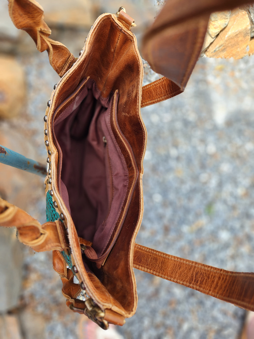 Western Tooled Genuine Leather Fringe Tote Bag Turquoise Color Shoulder Bag