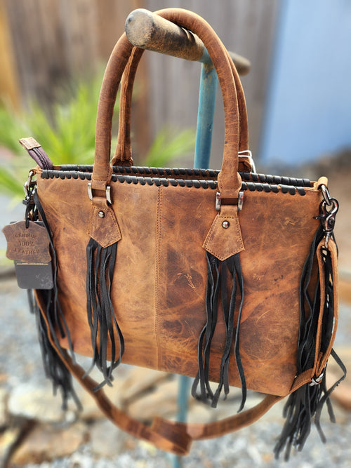 American Darling Handcrafted Hair-On Cowhide Tote Bag with Western Fringes