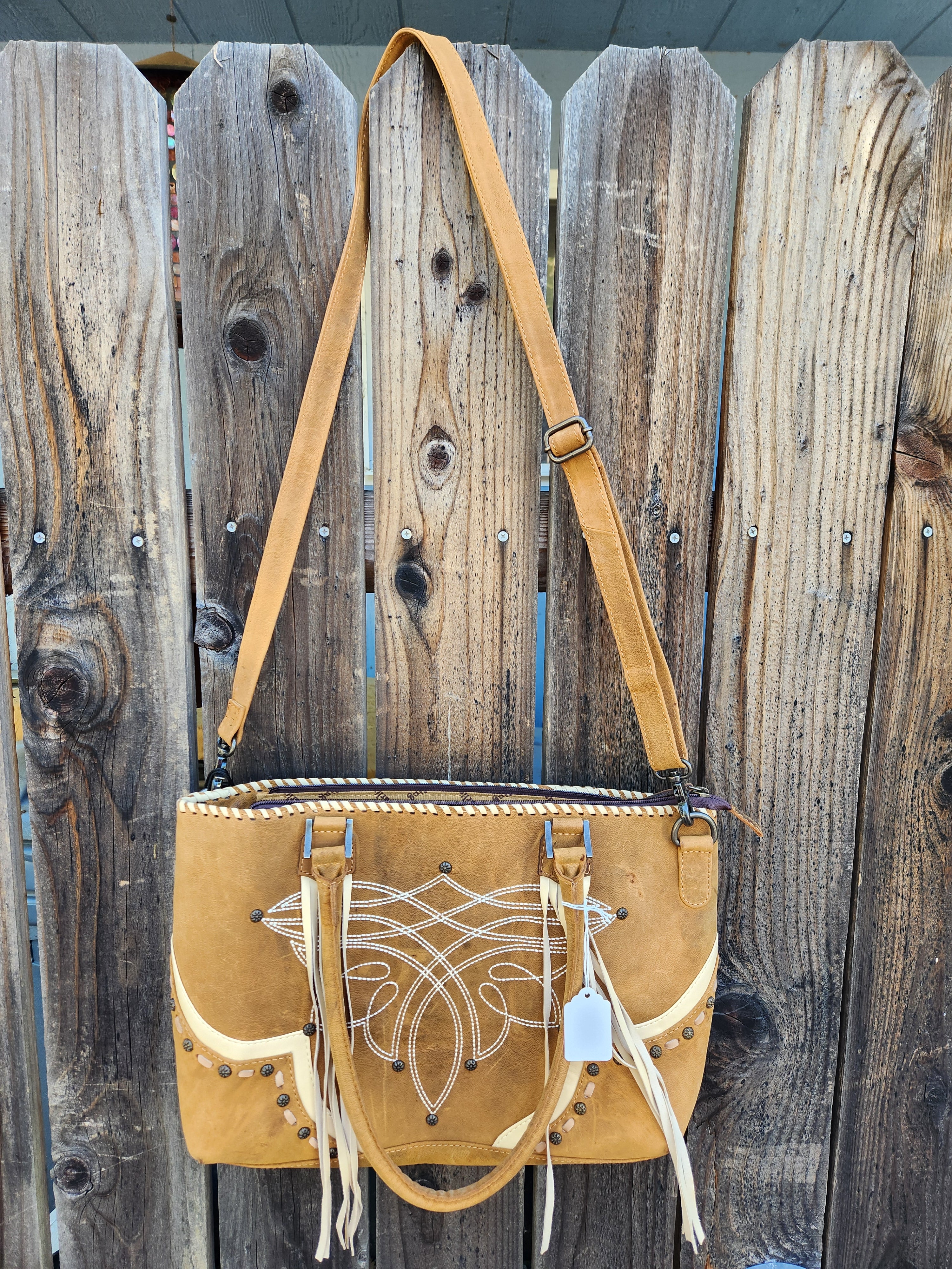 American Darling Western Leather Cross body Bag with Boot Stitching and Fringes