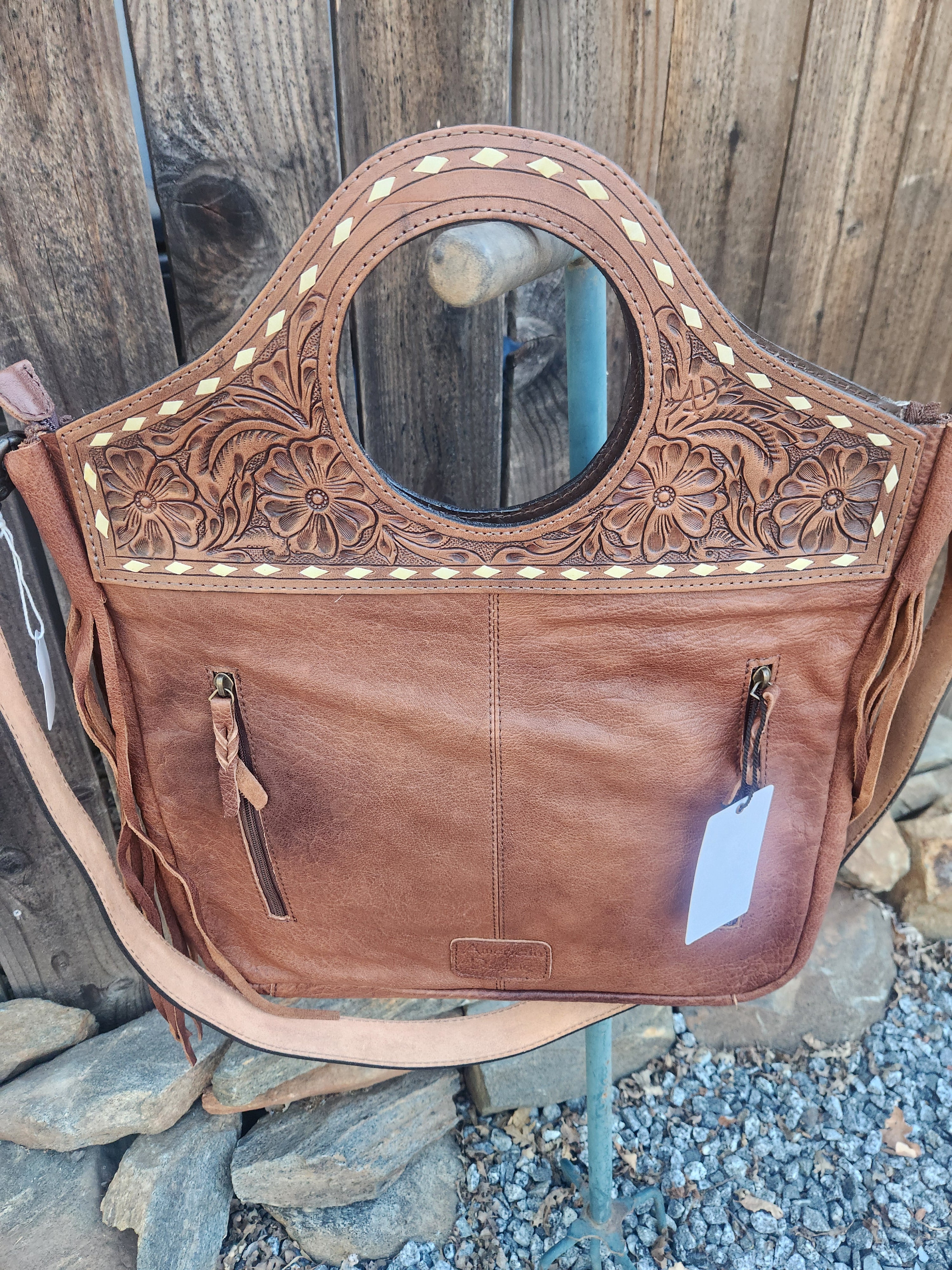 American Darling Western Leather Clutch Bag with Hand Tooled Floral Carving
