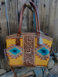 American Darling Southwestern Rug Tooled Leather Tote Bag Western Woven Shoulder Purse