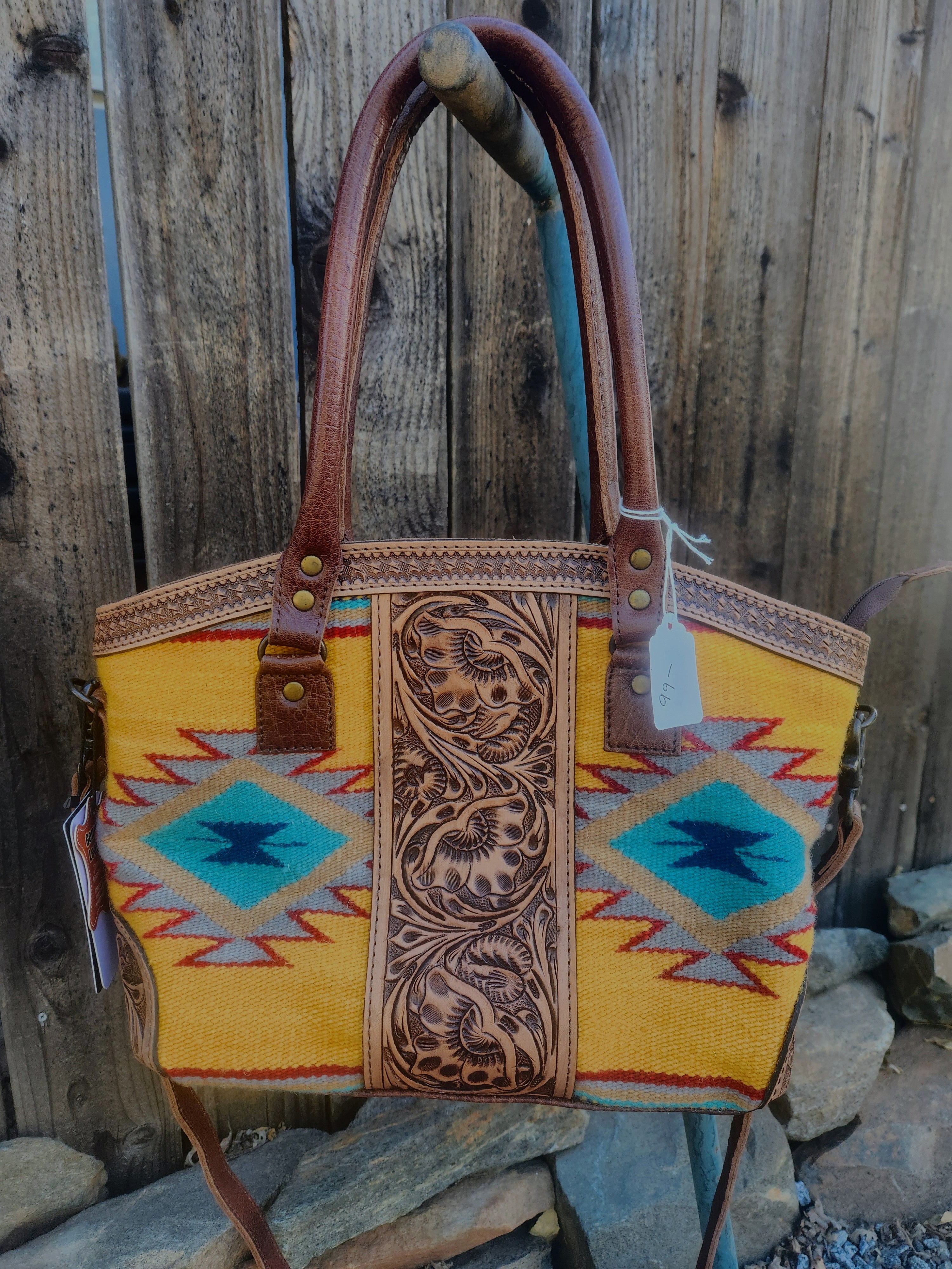 American Darling Southwestern Rug Tooled Leather Tote Bag Western Woven Shoulder Purse