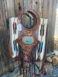 American Darling Western Clutch Bag Hand Tooled Floral with Hand Woven Saddle Blanket & Fringes