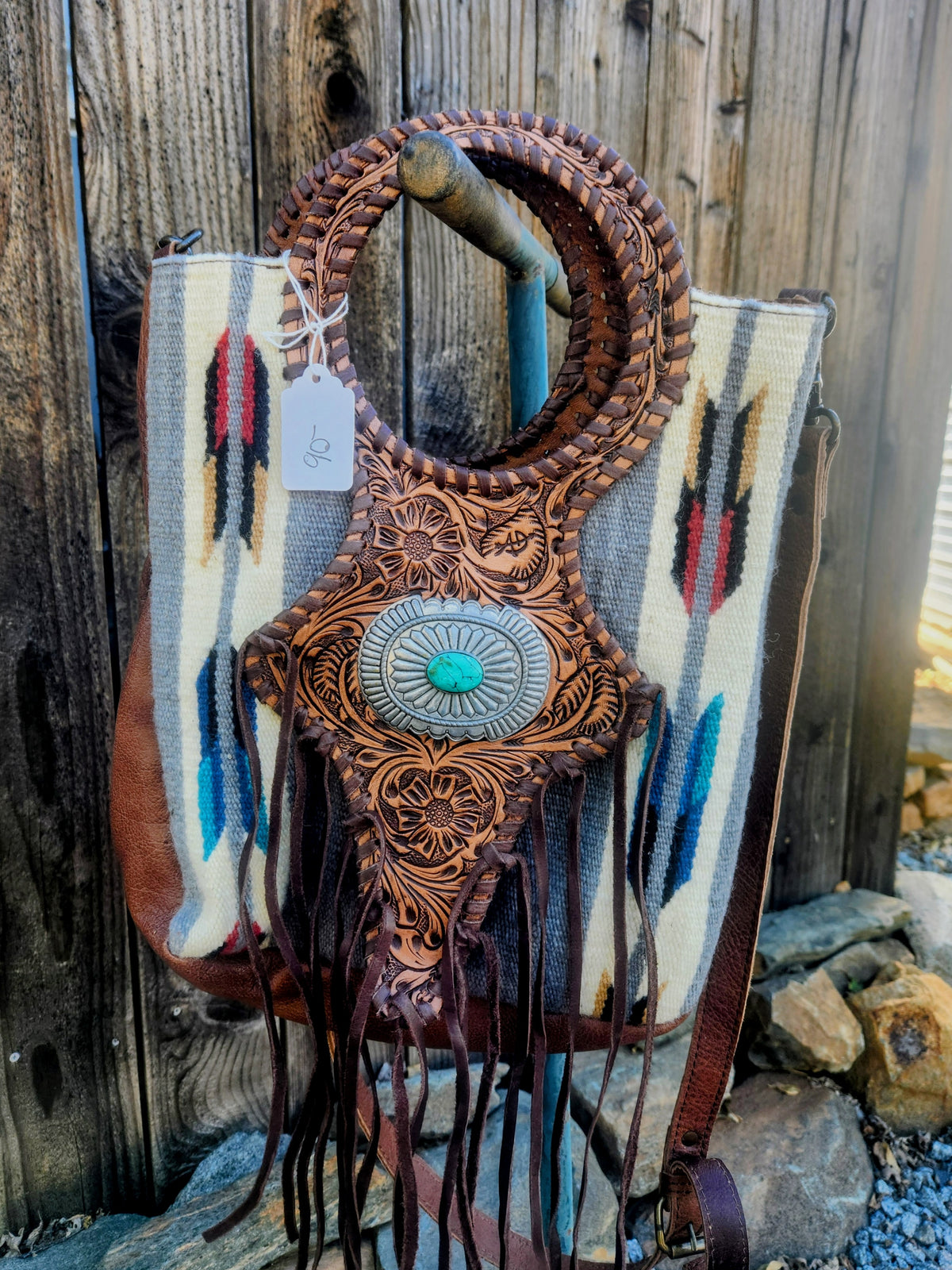 American Darling Western Clutch Bag Hand Tooled Floral with Hand Woven Saddle Blanket & Fringes