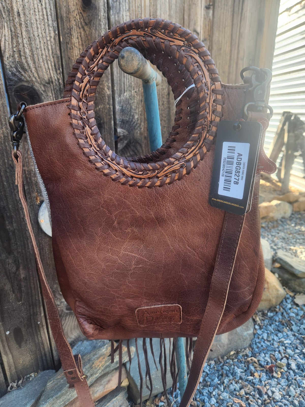American Darling Western Clutch Bag Hand Tooled Floral with Hand Woven Saddle Blanket & Fringes