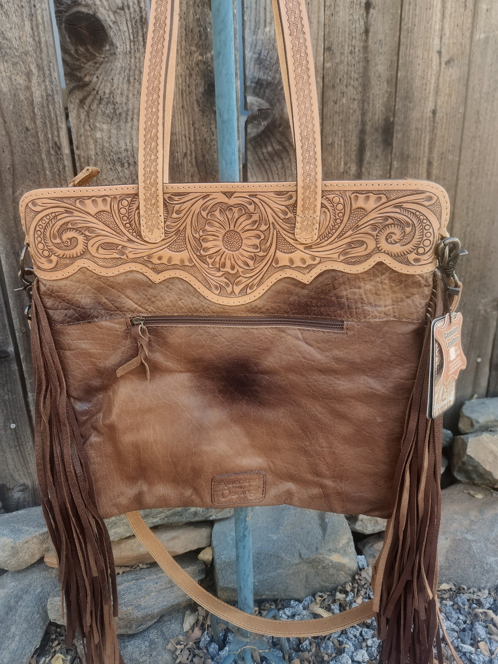 American Darling Western Leather Tote Bag with Hair-On Cowhide and Hand Tooled Floral