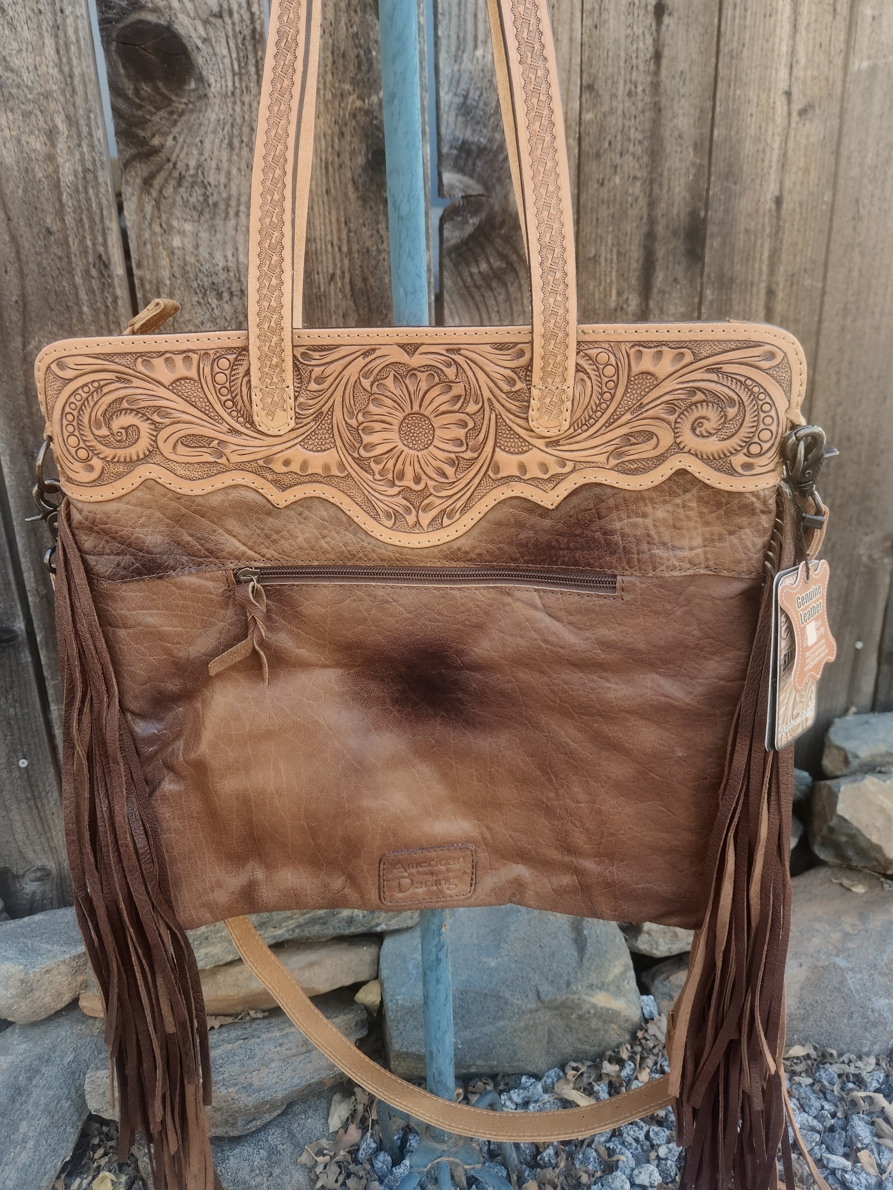 American Darling Western Leather Tote Bag with Hair-On Cowhide and Hand Tooled Floral