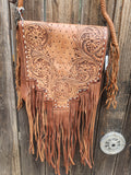 American Darline Hand-Tooled Leather Fringe Sling Bag - Western Messenger with Basketweave Strap