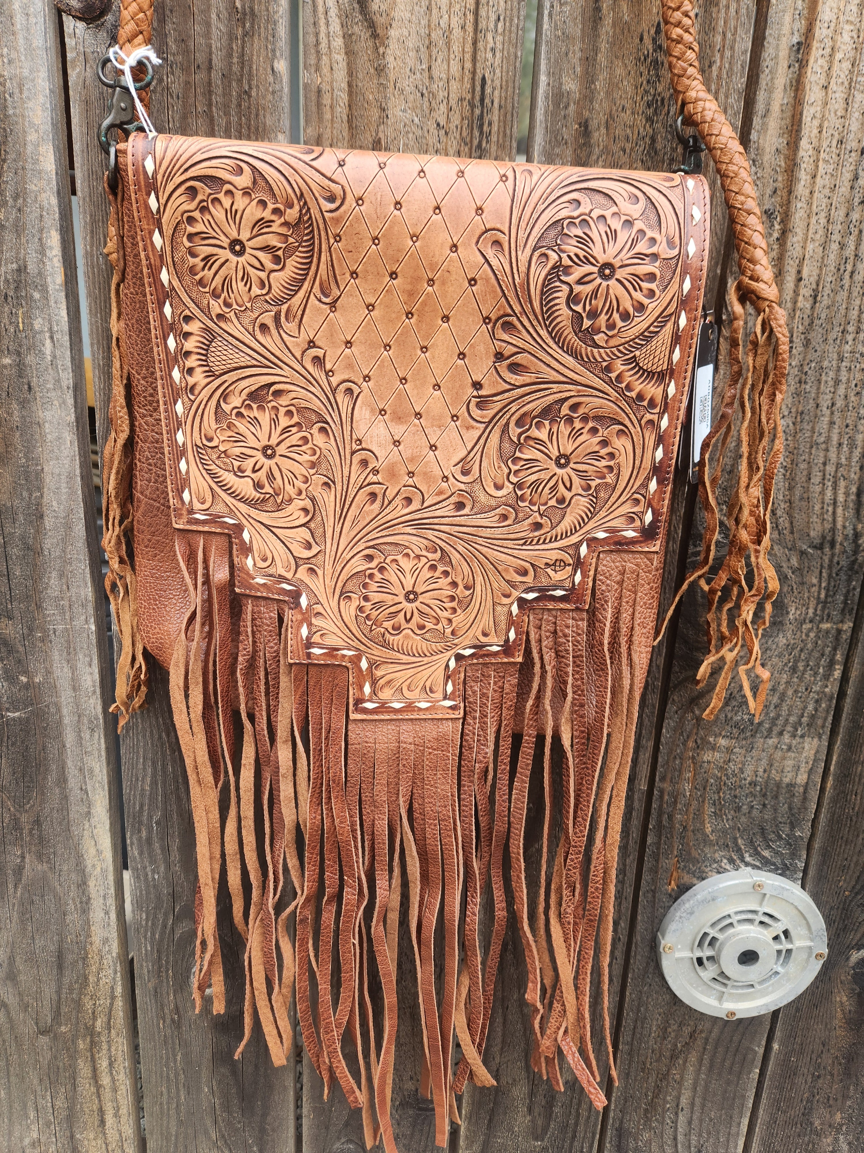 American Darline Hand-Tooled Leather Fringe Sling Bag - Western Messenger with Basketweave Strap