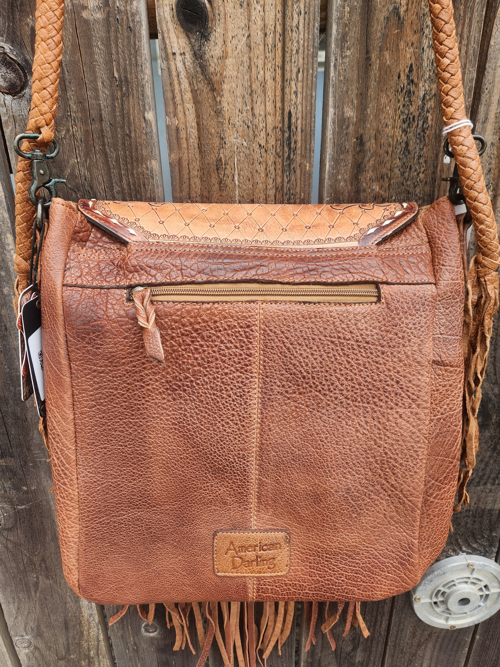 American Darline Hand-Tooled Leather Fringe Sling Bag - Western Messenger with Basketweave Strap