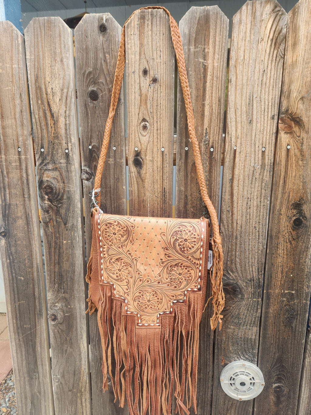American Darline Hand-Tooled Leather Fringe Sling Bag - Western Messenger with Basketweave Strap