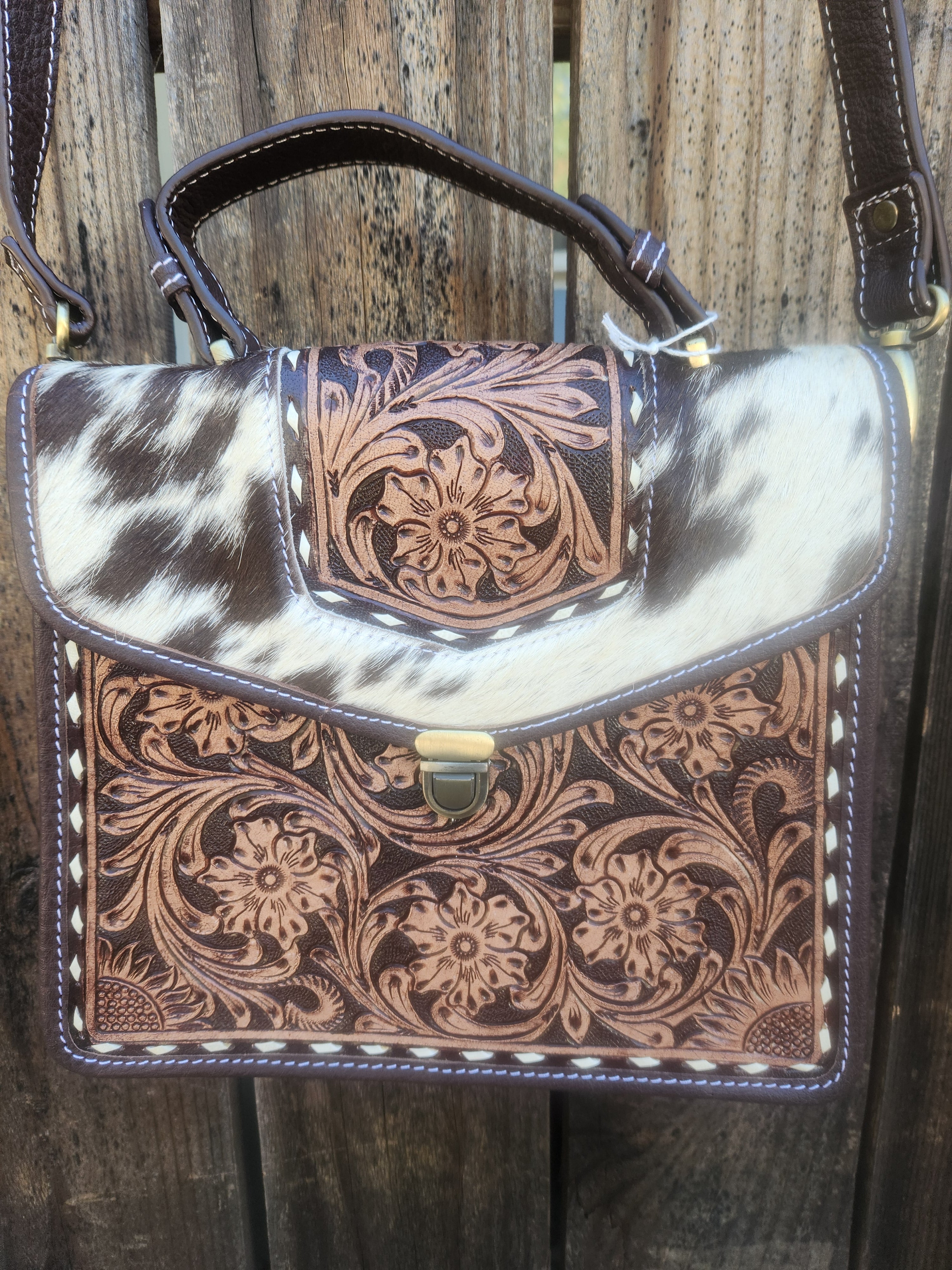 Merbaa Cowhide Floral Ranger Leather Bag – Western Tooled Handbag with Crossbody Strap