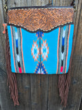 AD Turquoise Southwestern Wool Crossbody with Tooled Leather & Fringe Western Artisan Shoulder Bag