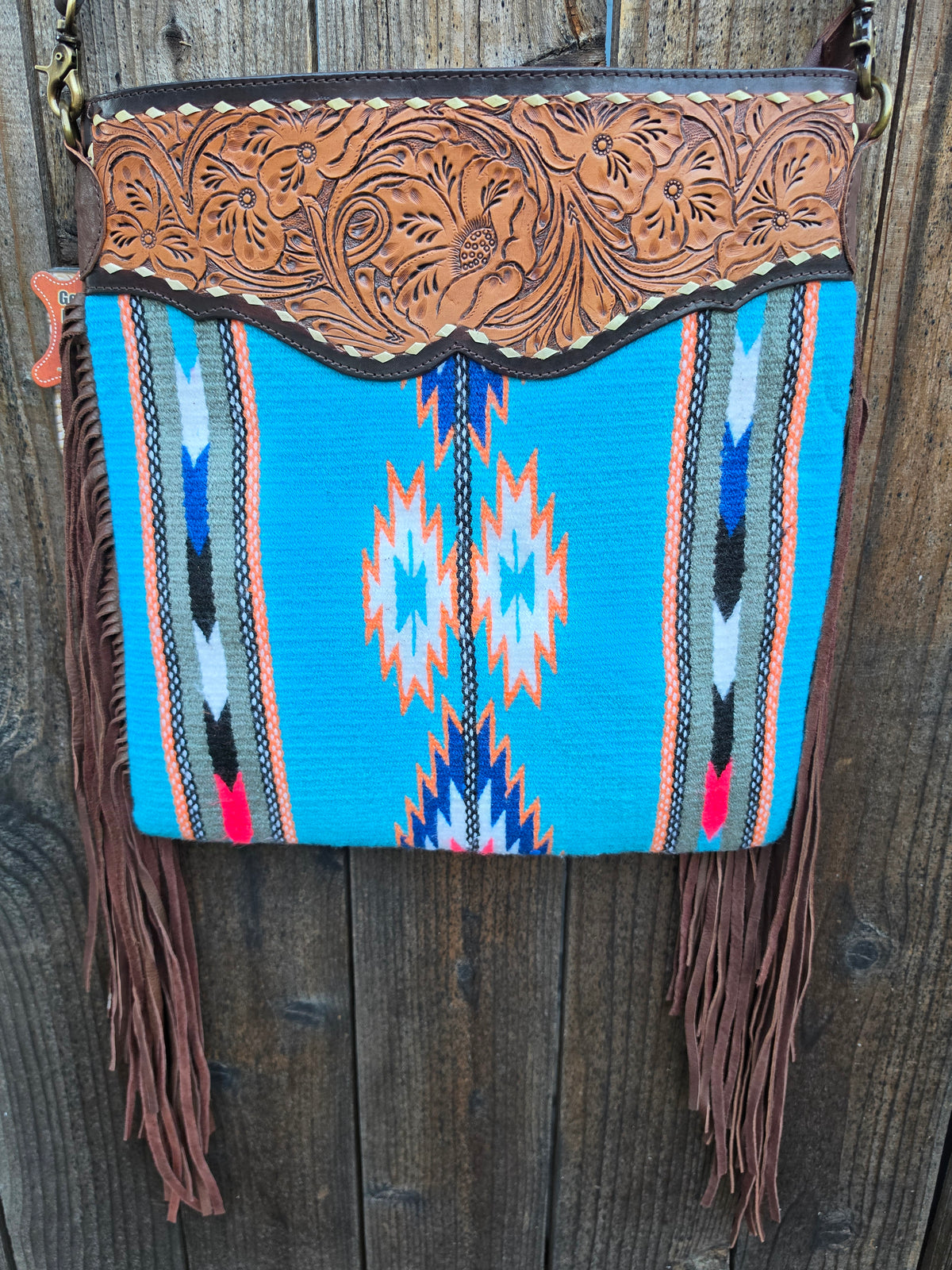 AD Turquoise Southwestern Wool Crossbody with Tooled Leather & Fringe Western Artisan Shoulder Bag