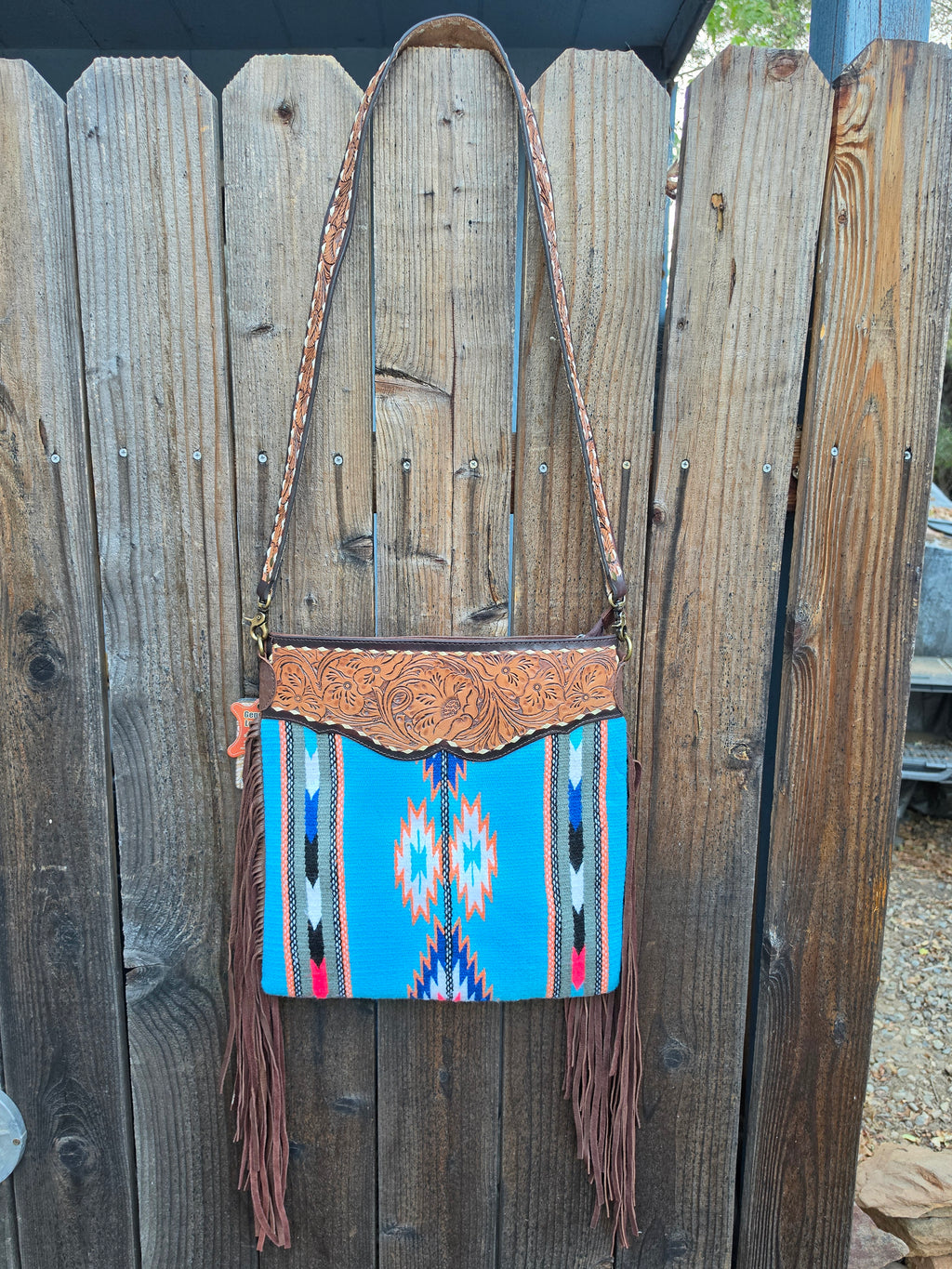 AD Turquoise Southwestern Wool Crossbody with Tooled Leather & Fringe Western Artisan Shoulder Bag